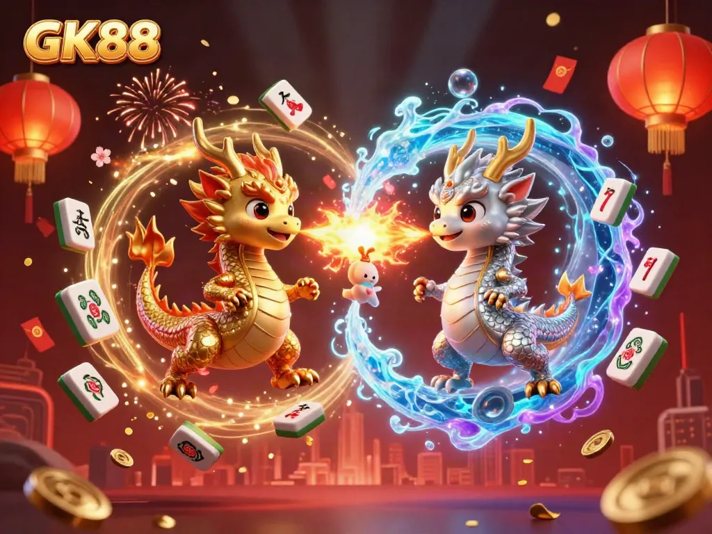 GK88 features twin dragons unleashing fire and ice amidst vibrant casino motifs.