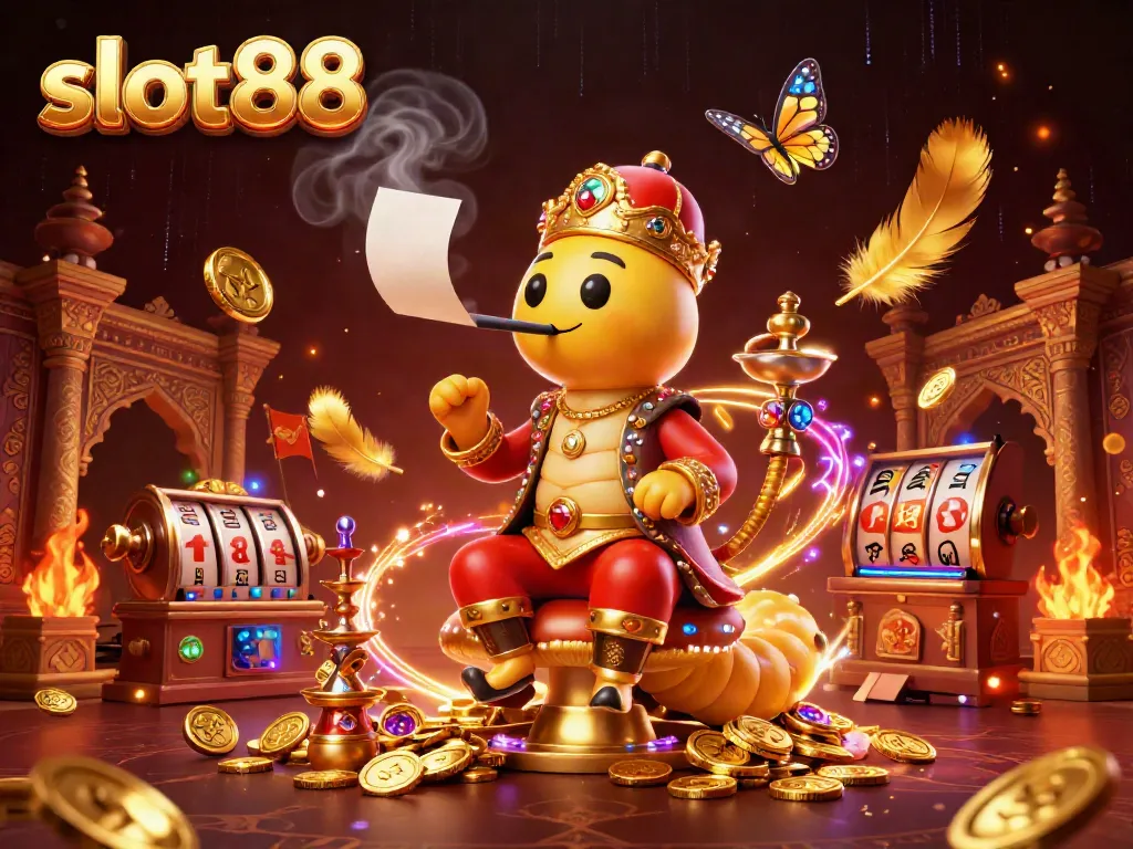 Experience slot88 excitement with a vibrant casino scene featuring dynamic slot elements and a whimsical caterpillar character.