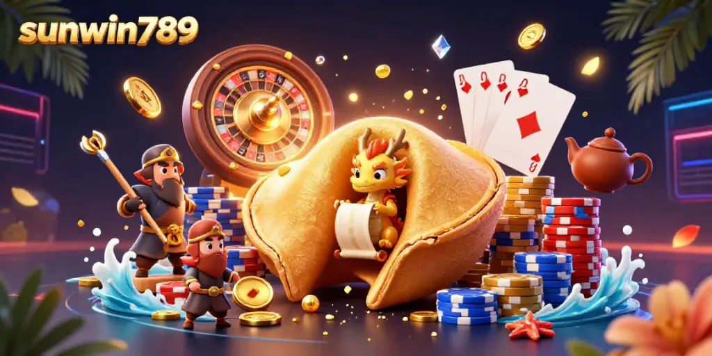 Experience winning with sunwin789 in this vibrant 3D casino scene showcasing epic characters and golden treasures.