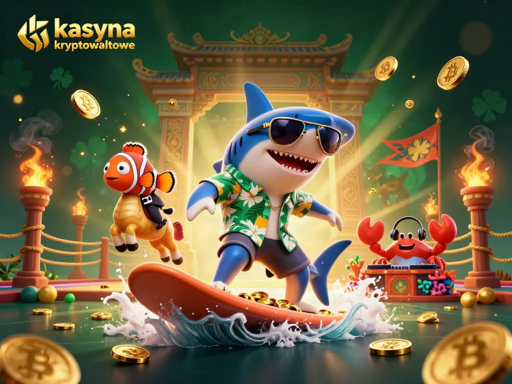 Engage with kasyna kryptowalutowe while witnessing a vibrant 3D scene of a surfing shark and playful sea creatures.