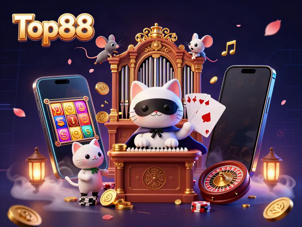 Top88 showcases vibrant casino elements with a masked cat playing music, captivating gamers.