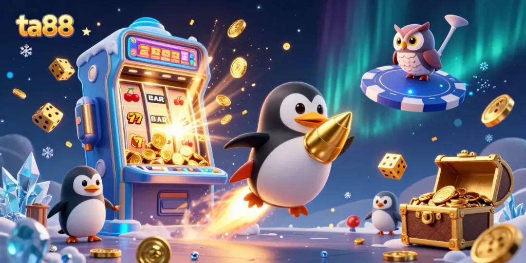 Experience thrilling gameplay at ta88 with a golden penguin racing to a jackpot-filled space casino.