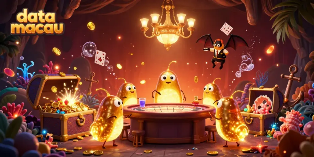 Melihat data macau pada ilustrasi kasino gua yang menerangi dengan karakter kartun bercahaya.