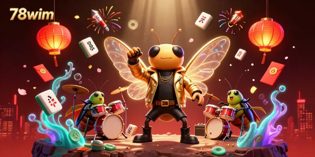 Engage in the exciting world of 78wim with a vibrant scene featuring a cicada rock star and dynamic casino elements.