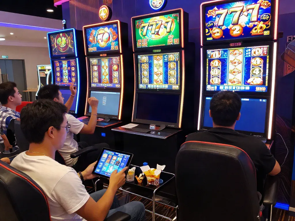 Players excitedly engaging with slot777 games in a vibrant online casino atmosphere.