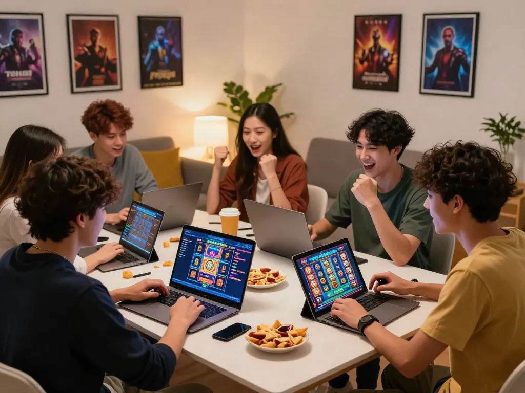 Young adults enjoying an online game session on TUAN88 with snacks and vibrant game graphics.
