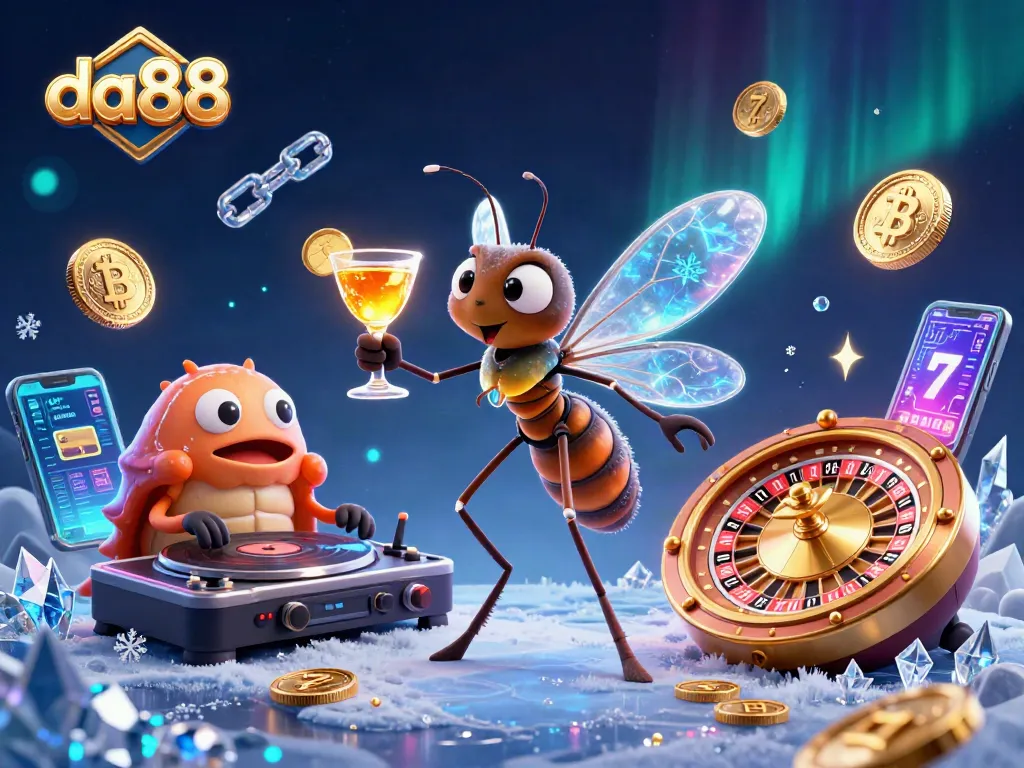 Engage with da88's casino theme, featuring a vibrant mosquito mascot, trilobite DJ, and golden roulette elements.
