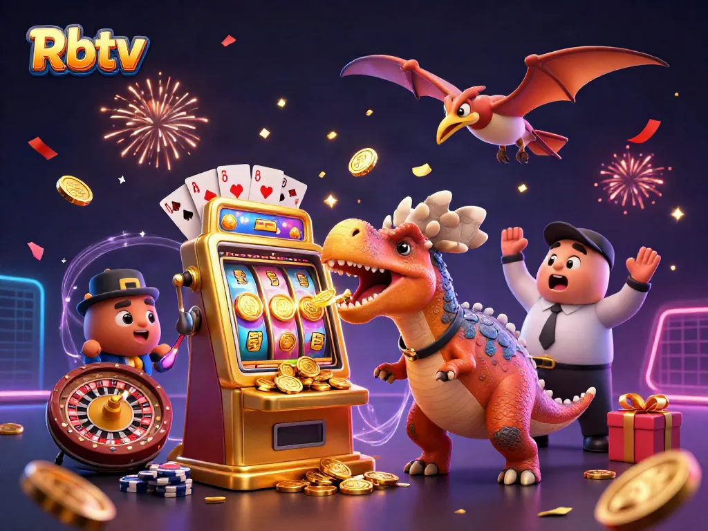 Rbtv menghadirkan momen kasino penuh aksi dengan dinosaurus dan mesin slot yang mengeluarkan koin emas.