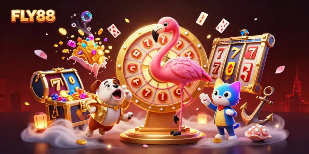 Engage with FLY88's vibrant casino scene featuring a flamingo host and bulldog contestant in an exciting game.