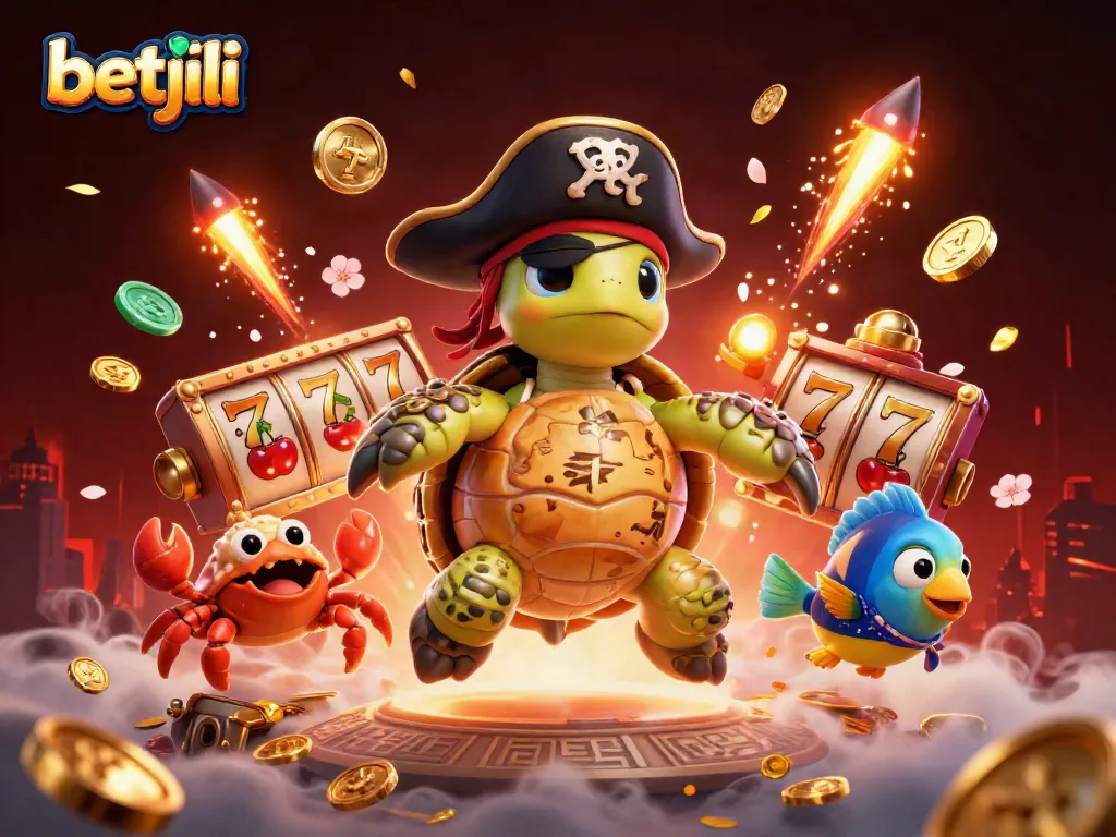 Betjili casino adventure featuring a pirate turtle and exciting slot reels overflowing with treasures.
