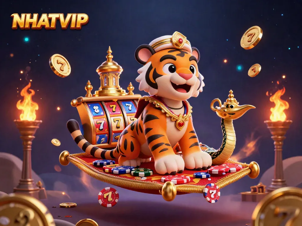 Engage with NHATVIP's vibrant slot games featuring a tiger sultan among golden treasures.