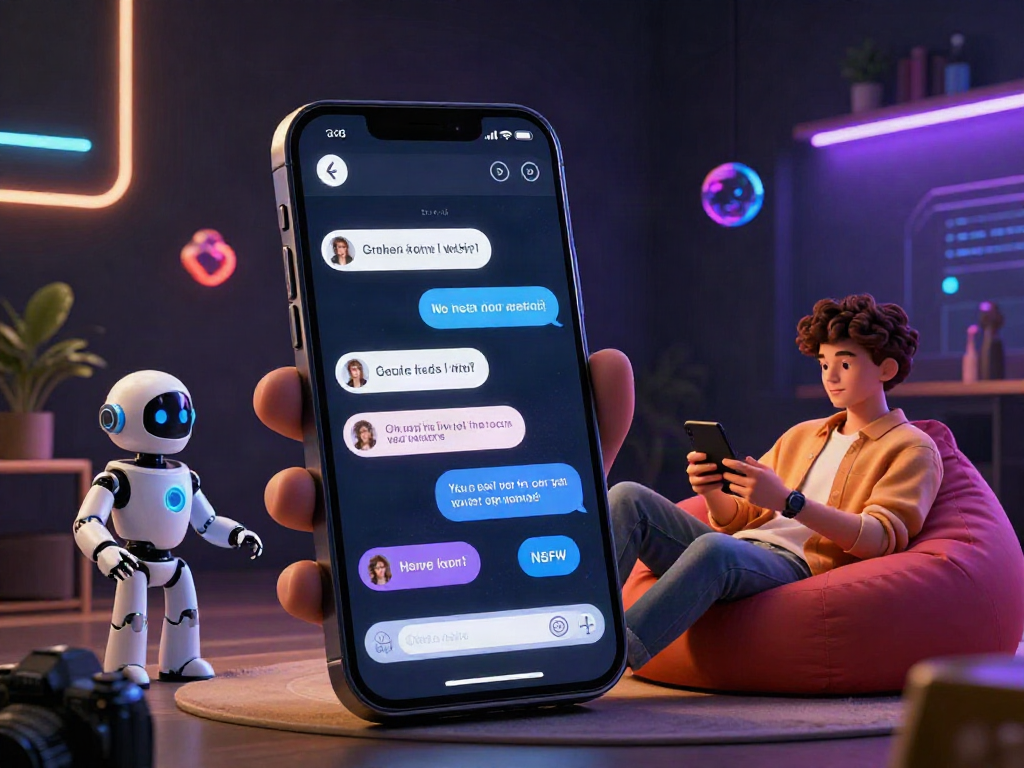 AI chat NSFW engaging conversation on smartphone in an ambient digital space.