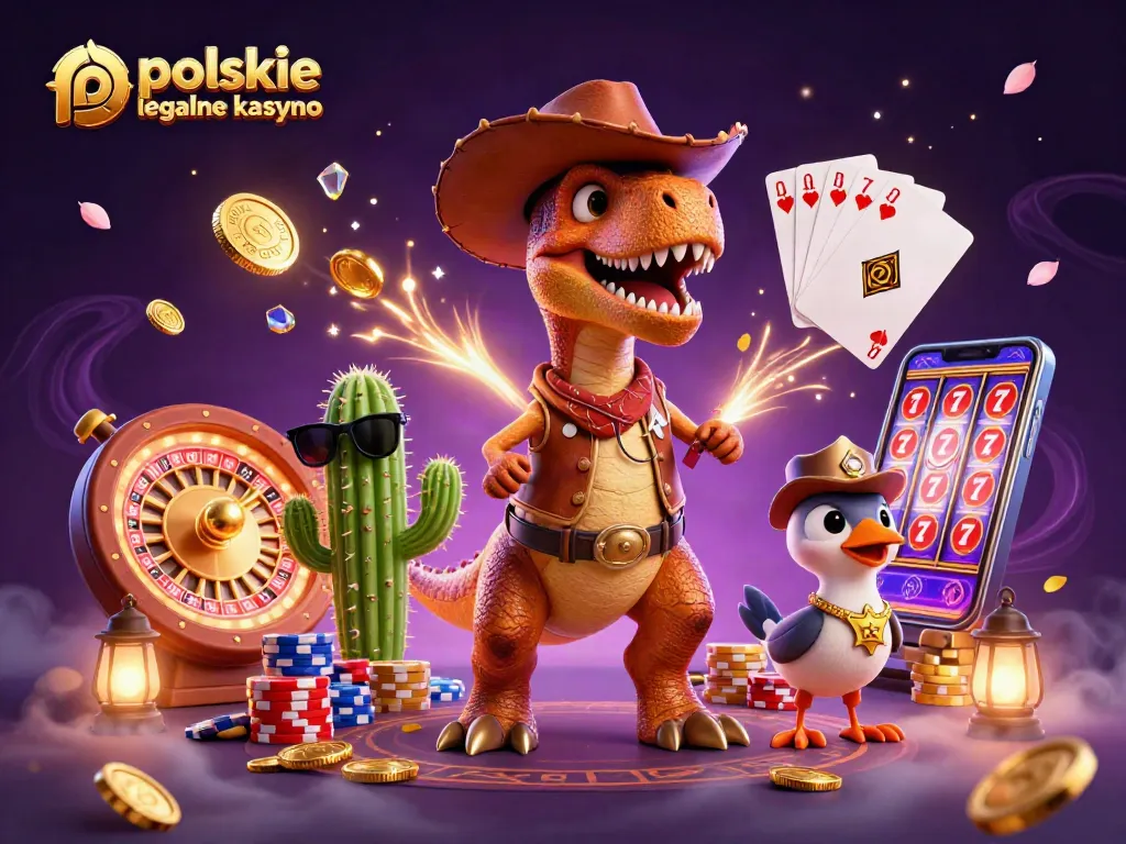 Experience the thrill with polskie legalne kasyno featuring a T-Rex and wild west characters in action.