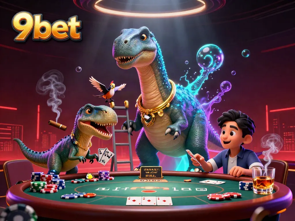 Experience 9bet with exhilarating poker action featuring dinosaurs and vibrant casino elements.