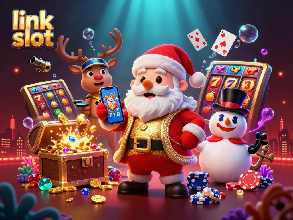 Experience the thrill of the link slot with Santa and his friends in a vibrant casino scene.
