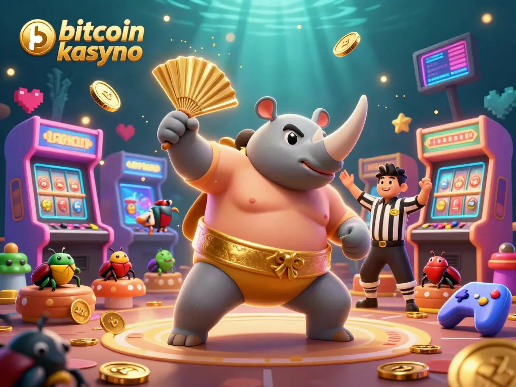 Experience excitement with bitcoin kasyno as a beetle champion wins big amidst flying coins and vibrant game machines.