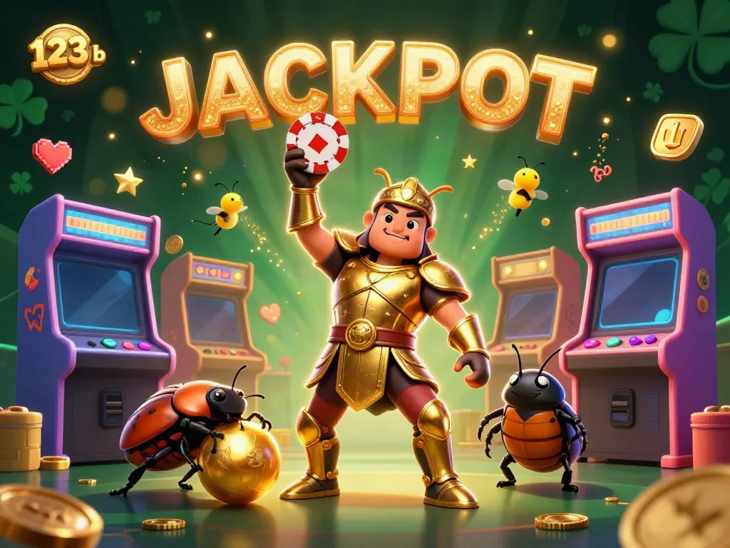 Experience the thrill of 123 b with a victorious beetle mascot in a vibrant casino atmosphere.