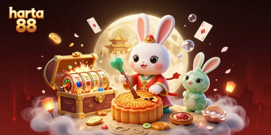 Harta 88 showcases a dynamic 3D illustration of a moon rabbit revealing poker chips, set in a vibrant casino atmosphere.