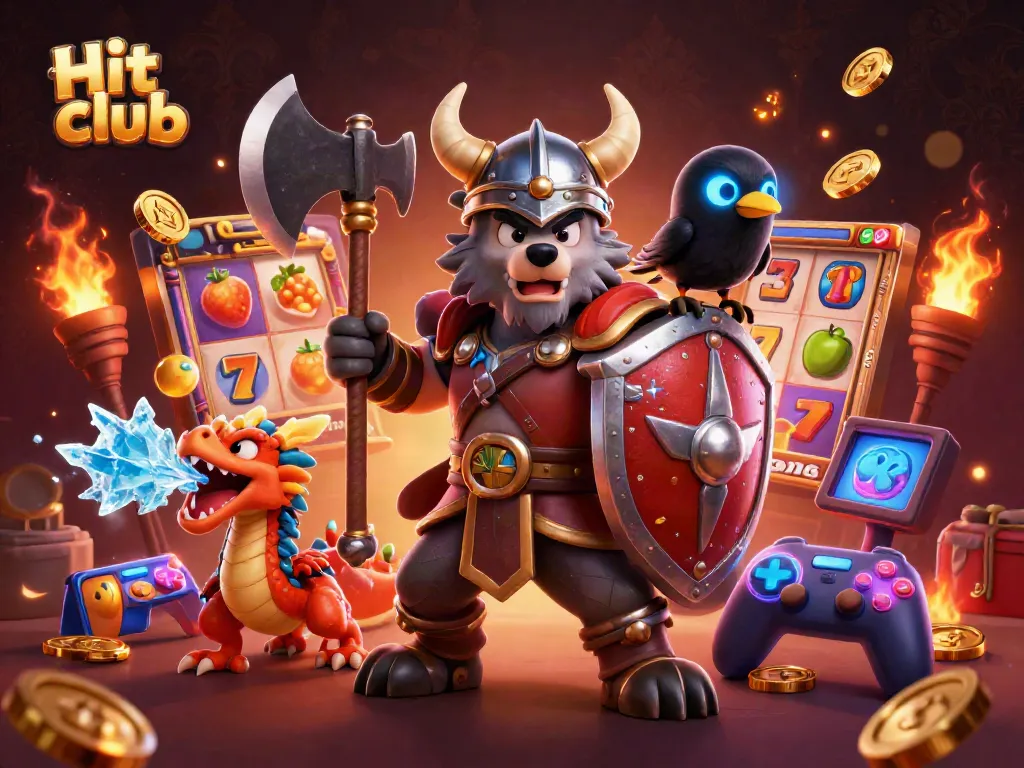 Hit club themed illustration showing a Viking wolf warrior with a dragon amidst colorful casino elements