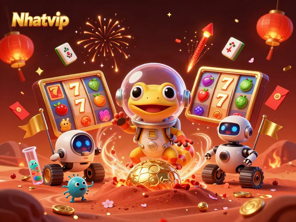 Nhatvip showcases a Martian gecko discovering a golden casino in a vibrant alien landscape.