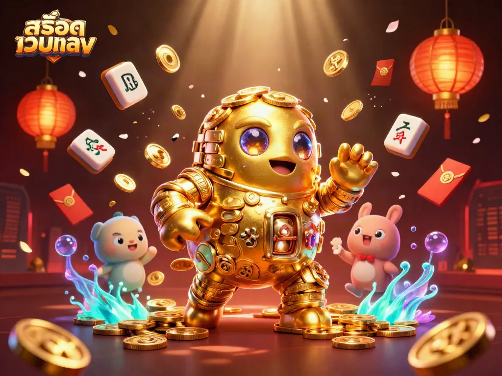 Play สล็อตเว็บตรง with a dynamic scene of a golden golem surrounded by casino symbols and festive elements.