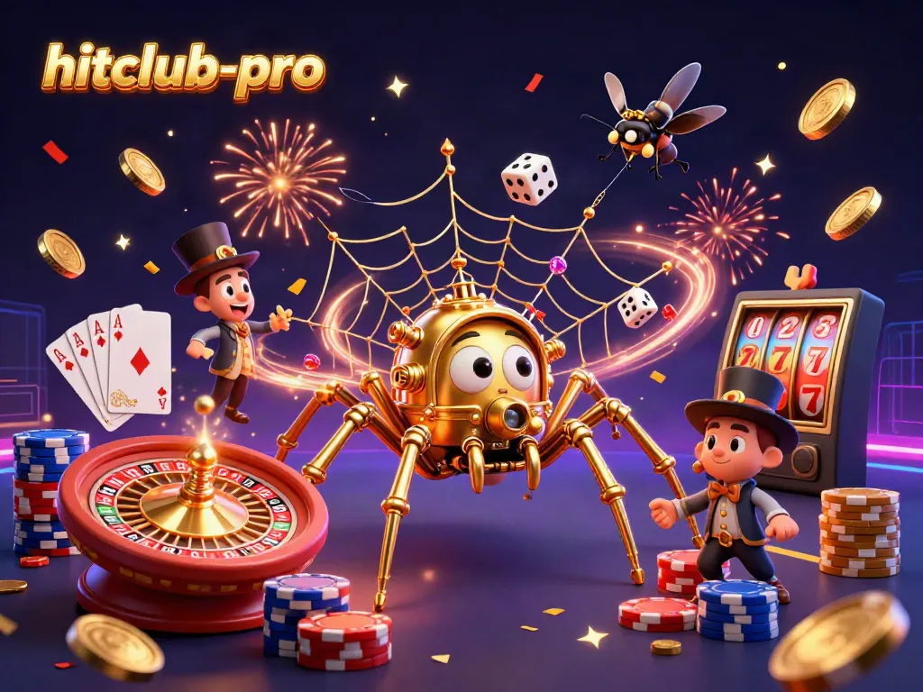 Experience the excitement of hitclub-pro with a steampunk spider, golden coins, and poker elements in a vibrant casino scene.