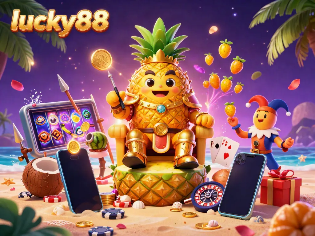 Experience the excitement of lucky88 with golden elements and vibrant casino symbols in a stunning 3D illustration.