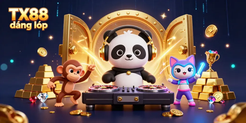 Engaging scene of TX88 đăng nhập at a casino, featuring cartoon DJ panda, monkey, and kitten amidst gold and gems.