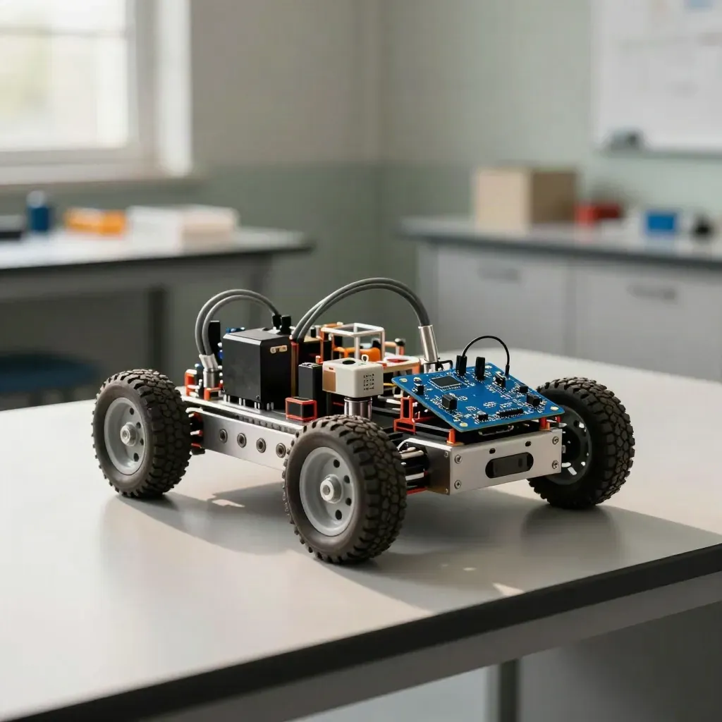 Otwarty zestaw robotyczny STEM na jasnym piedestale w nowoczesnej pracowni