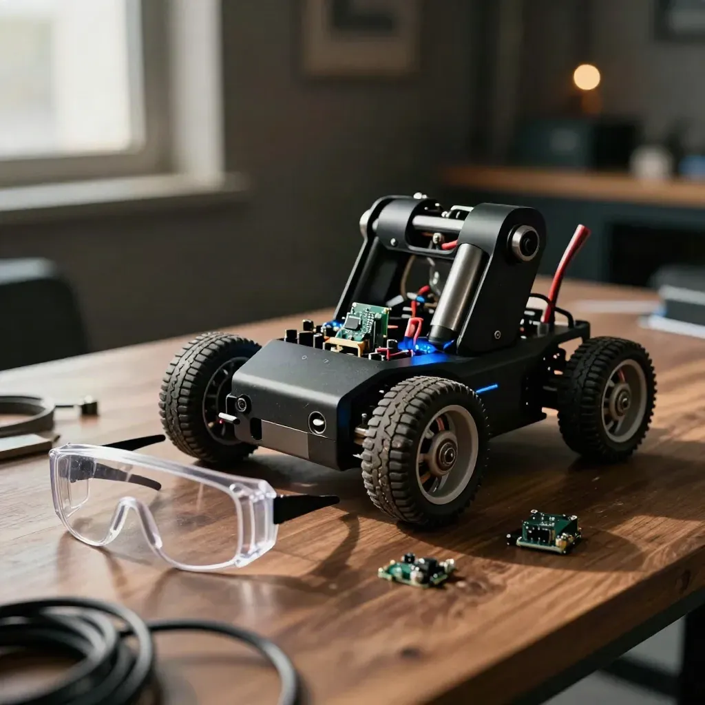 Robot edukacyjny, gogle i czujniki na drewnianym blacie po zajęciach robotyki