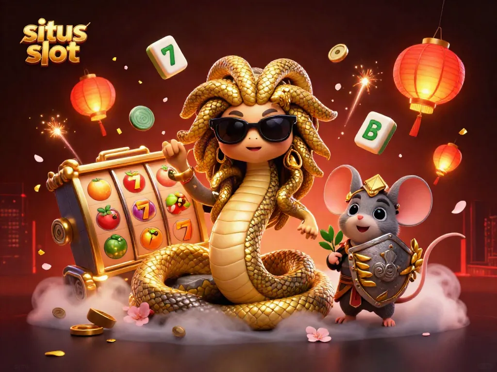 Spin and win at situs slot with Medusa and a warrior mouse in a vibrant 3D casino scene.