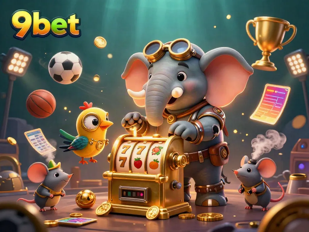 Engage with the immersive 9bet gaming experience through a whimsical steampunk casino illustration.