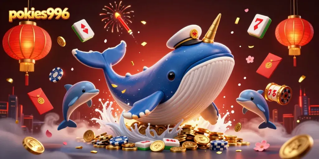 Spin to win at pokies996 with vibrant 3D casino scene featuring whales and coins.