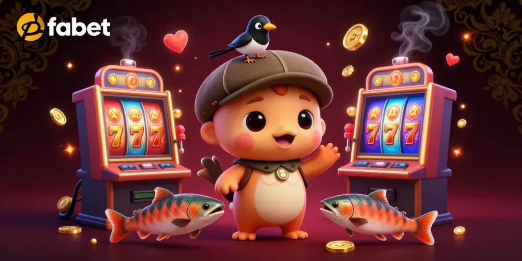 Engage with fabet's thrilling 3D casino scene showcasing vibrant slots and characters in action.