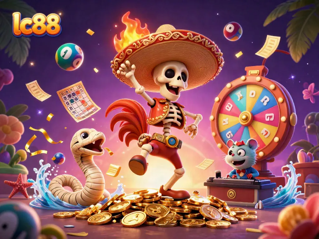 Experience the thrilling celebration of lc88 with vibrant coins, colorful lottery balls, and dynamic characters.