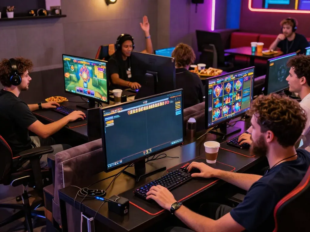 Gamers experiencing server Thailand slot games in a vibrant, modern lounge