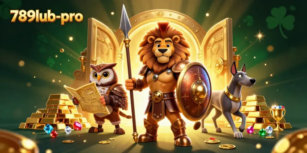 Experience thrilling action at 789lub-pro with a vibrant 3D casino scene showcasing characters and treasures.