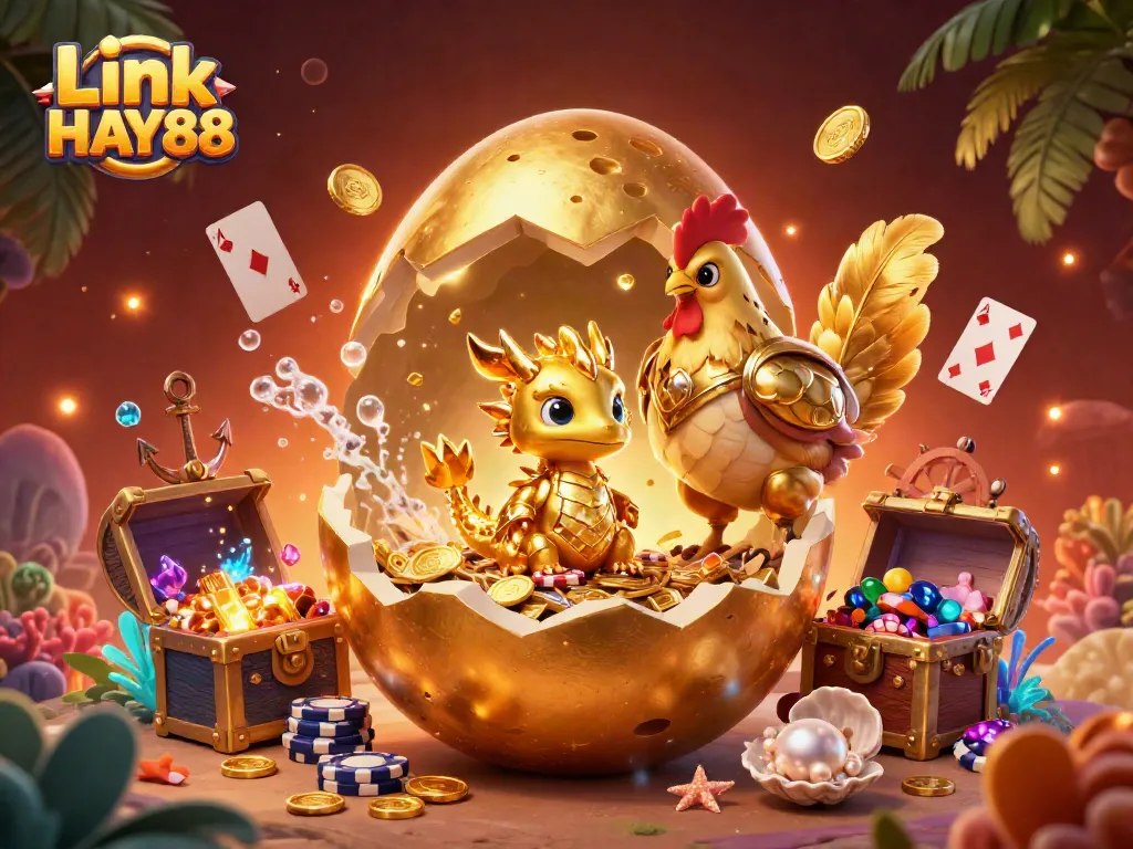 Experience the adventure at Link HAY88 with our vibrant 3D casino scene featuring treasure and excitement.