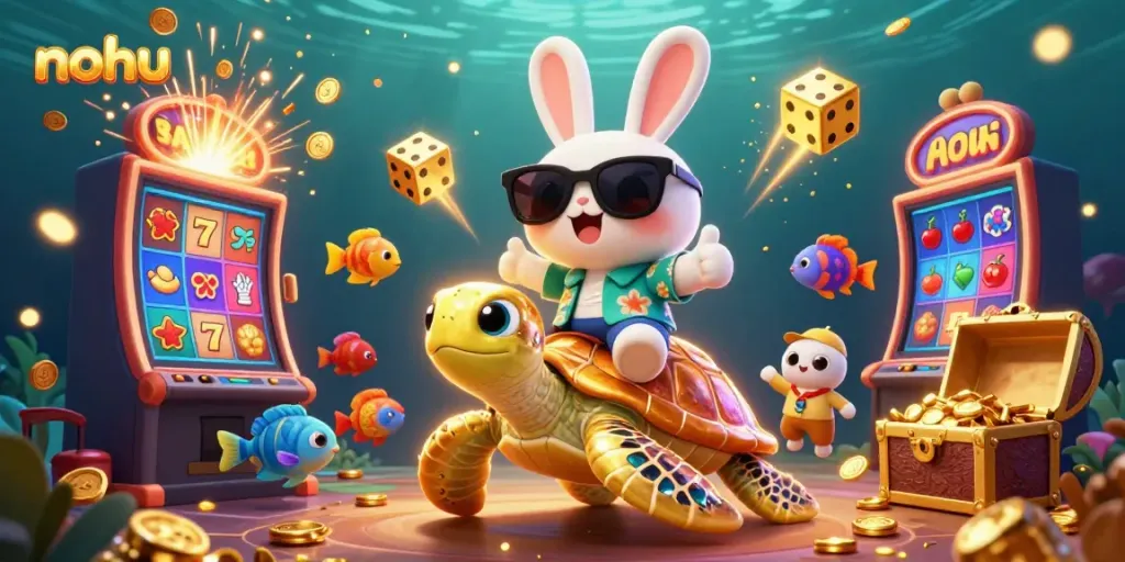 Capture the nohu excitement with a lucky rabbit and golden turtle amidst a jackpot explosion in a lively casino scene.