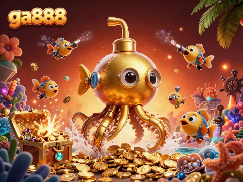 Engage with exciting games at ga888 with a dynamic kraken submarine surrounded by gold coins and casino elements.