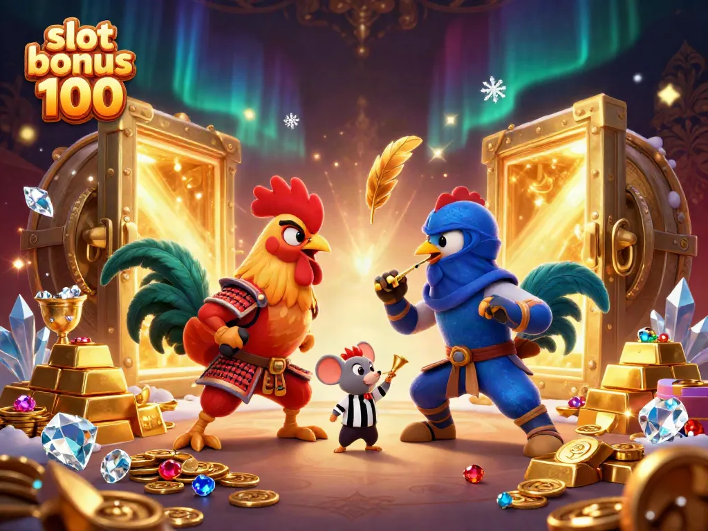 Experience the thrill with slot bonus 100 as roosters battle amid gold treasures in this dynamic casino scene.
