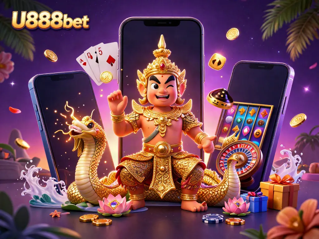 Experience the dynamic gaming world at U888bet with a vibrant 3D illustration showcasing its casino offerings.