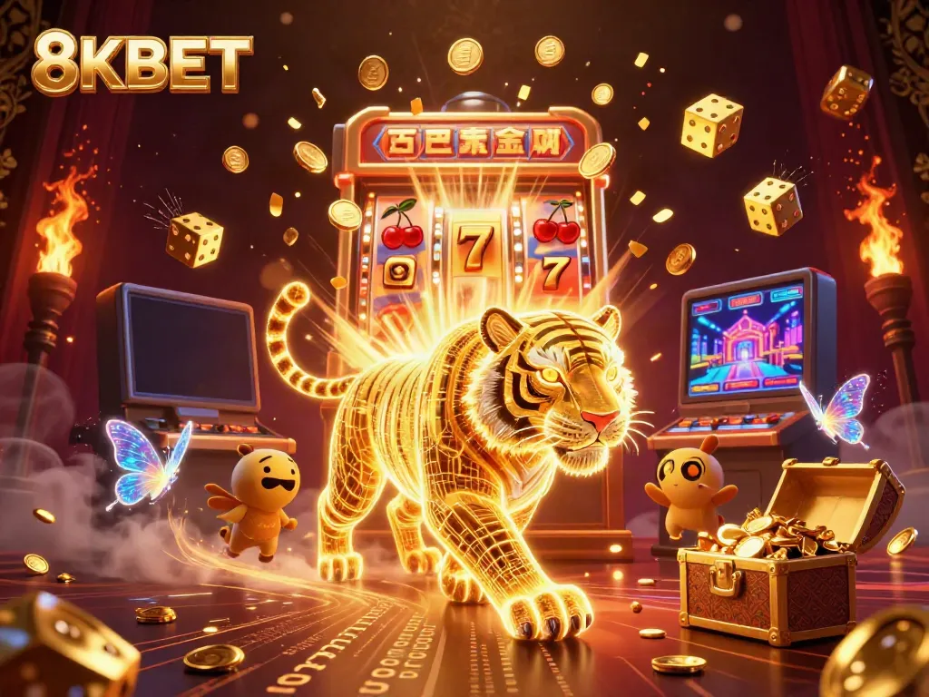 Experience thrilling entertainment with 8KBET's vibrant digital casino scene featuring golden tiger and jackpot