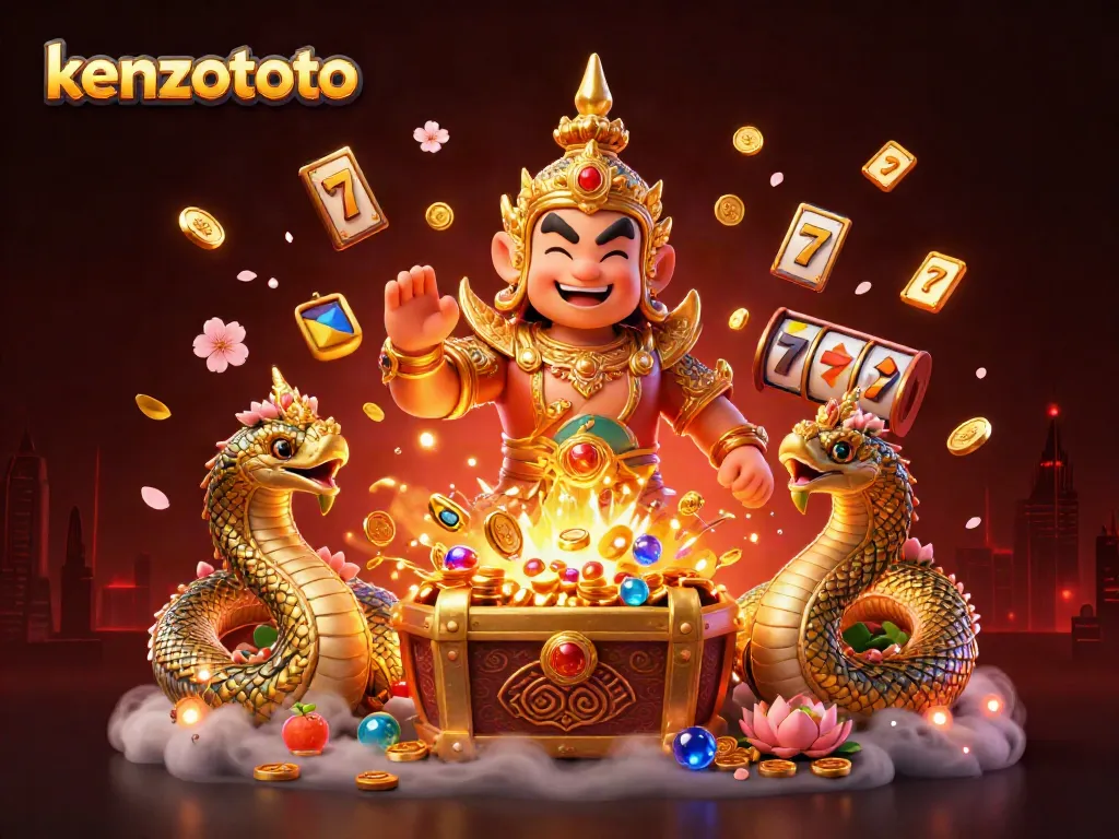 Join the excitement at KENZOTOTO with vibrant casino elements and a friendly guardian in a stunning 3D illustration.