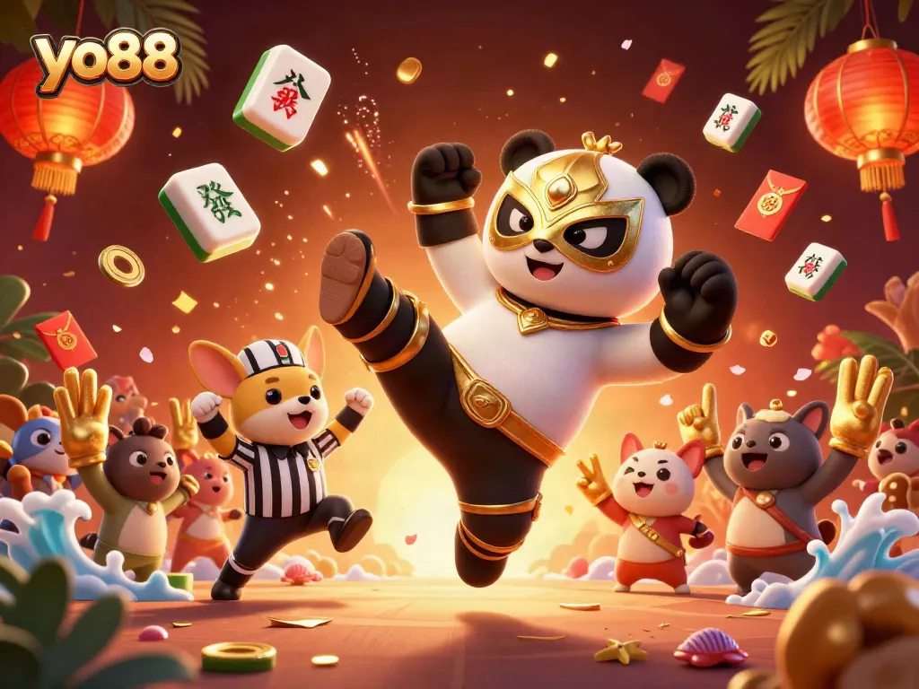 yo88 engaging viewers with an exciting 3D illustration featuring a panda wrestler and vibrant casino elements.