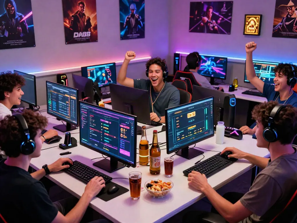 Engaging online gaming experience at https://1da88.it.com/ with friends celebrating wins in a vibrant setting.