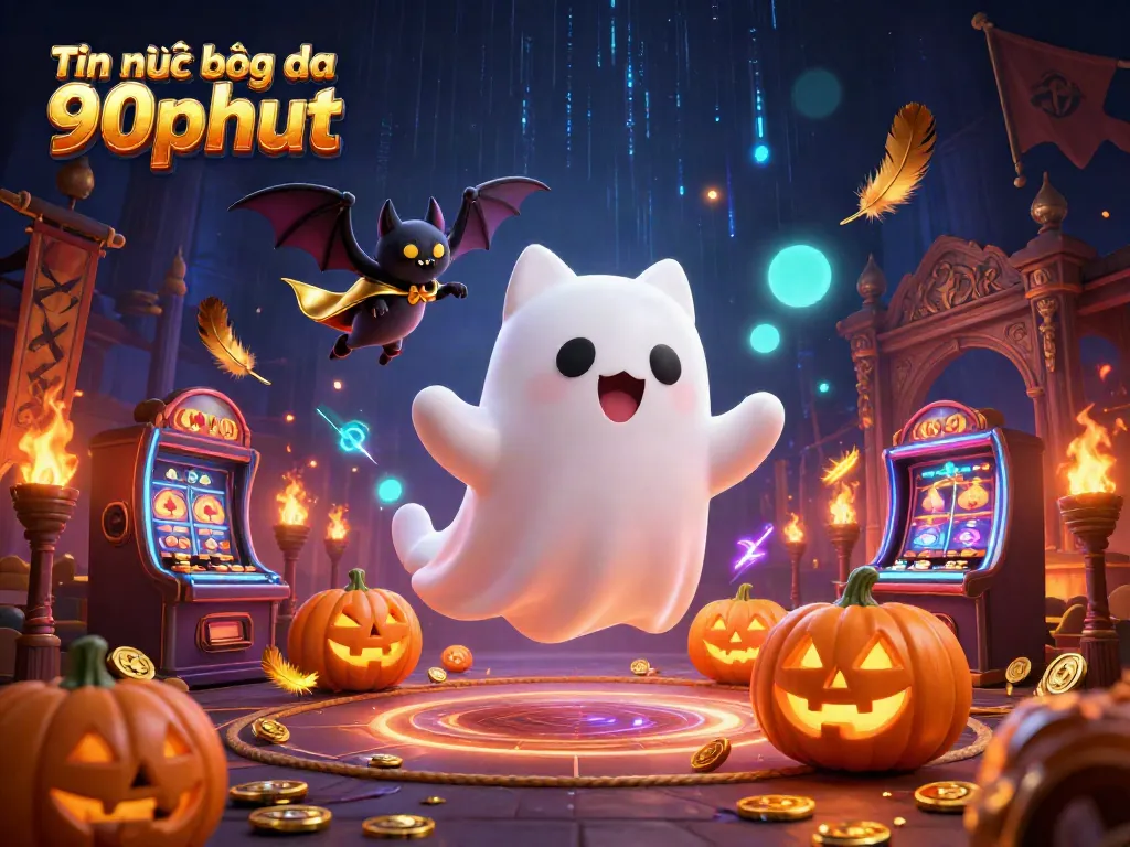 Engaging scene of Tin tức bóng đá 90phut showcasing a friendly ghost cat and vampire bat amid dynamic gambling elements.