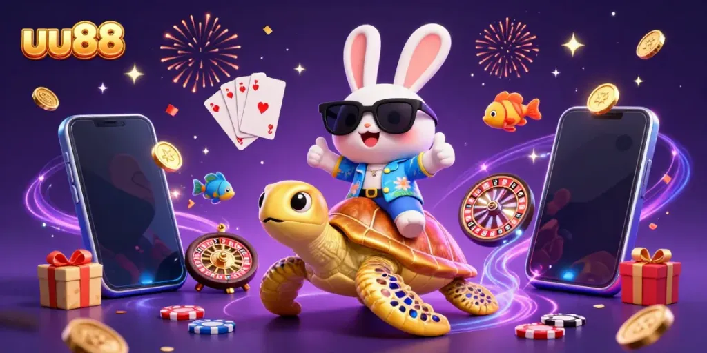 Experience excitement with uu88's vibrant casino adventure illustration featuring a lucky rabbit and a golden turtle.