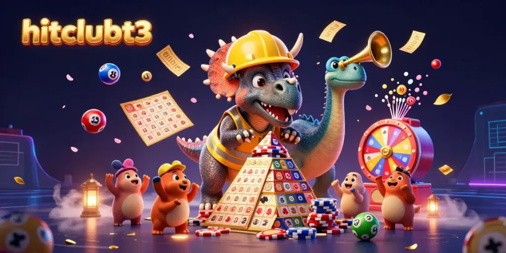Witness the vibrant celebration at hitclubt3 as playful dinosaurs build poker chip towers amidst a dynamic casino scene.