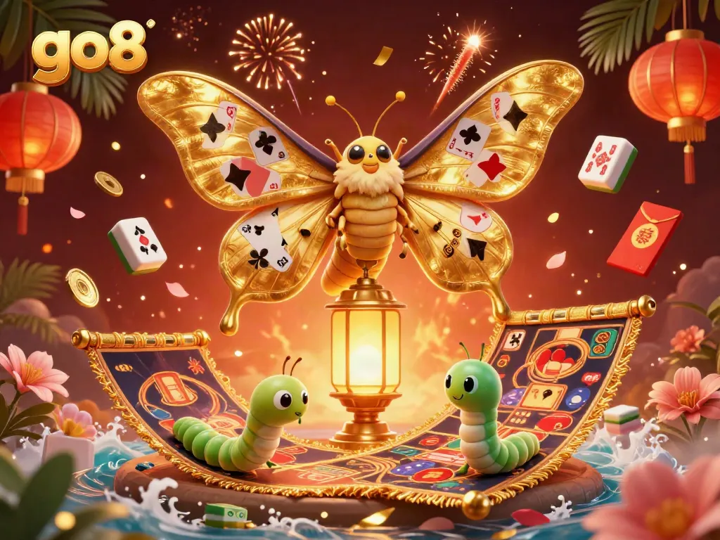 Experience the excitement of go8 with a dazzling 3D illustration featuring a majestic atlas moth and vibrant casino symbols.